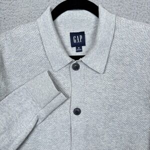 Gap Sweater Mens‎ M Gray Collared Cardigan Textured Rice Knit Preppy Grandpa